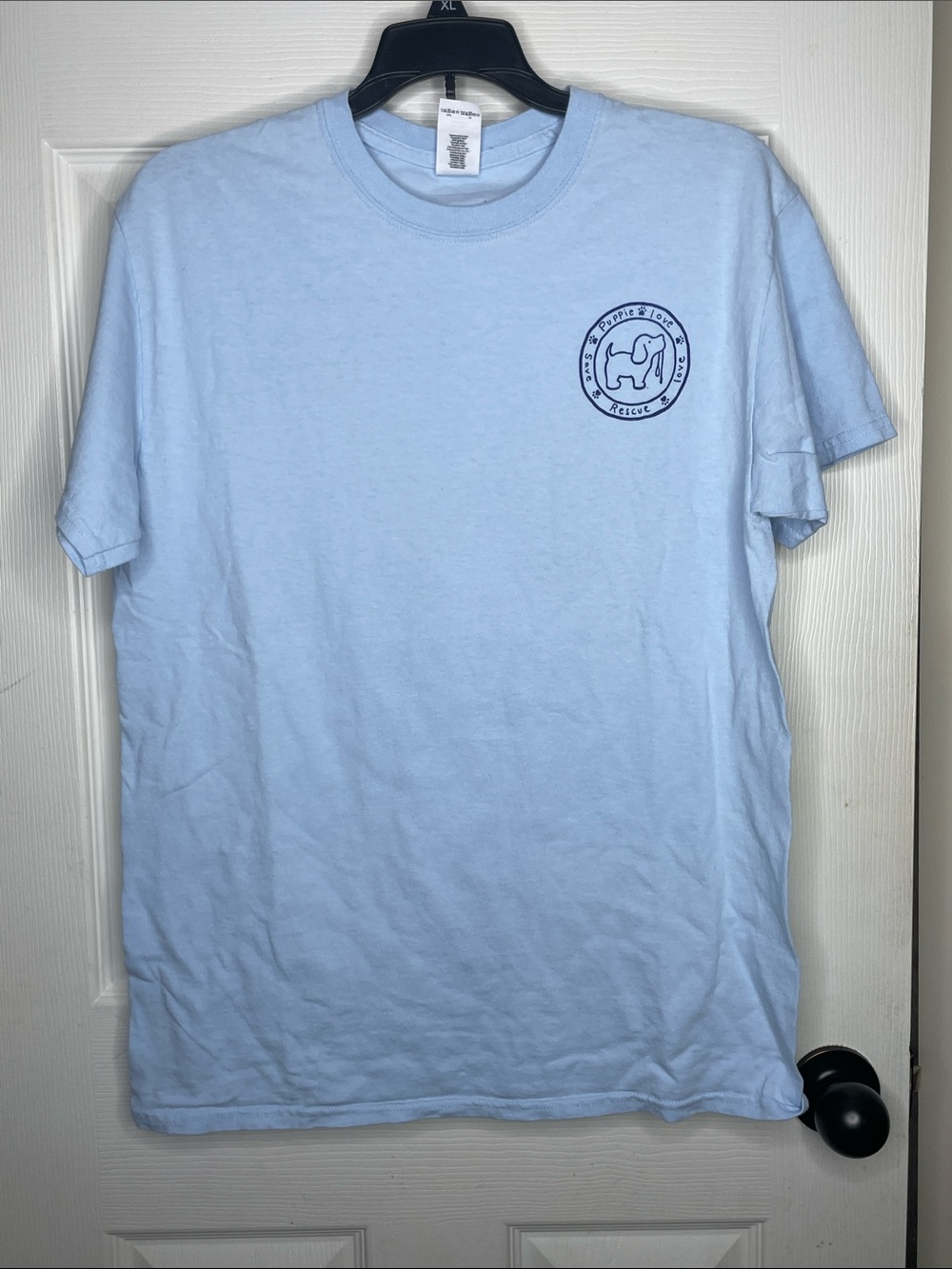 Gildan "Puppy Love" Light Blue Short Sleeve Tee with Navy Logo. Size M